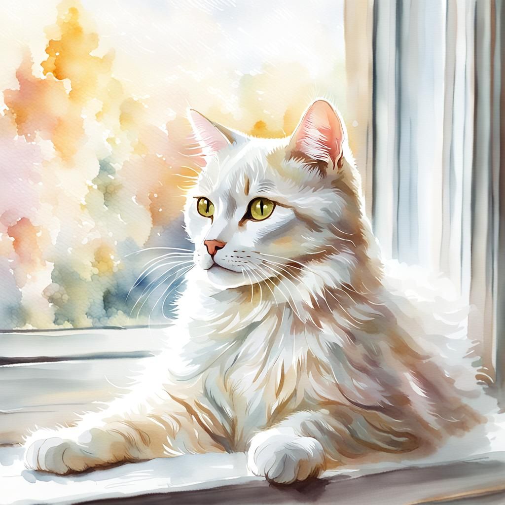 White Cat on Windowsill in Watercolor Style