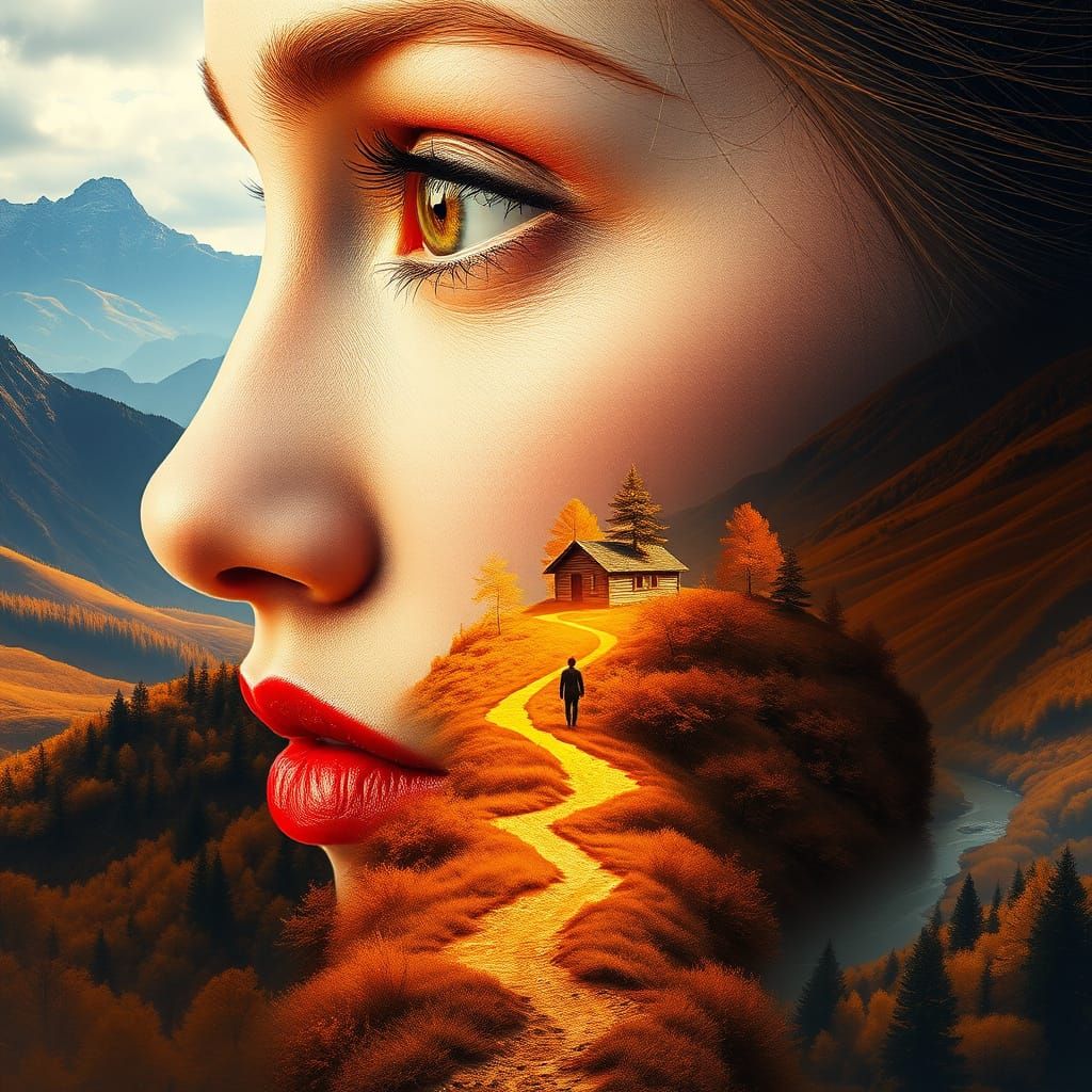 Majestic Female Face Emerges from the Landscape in Dreamlike...