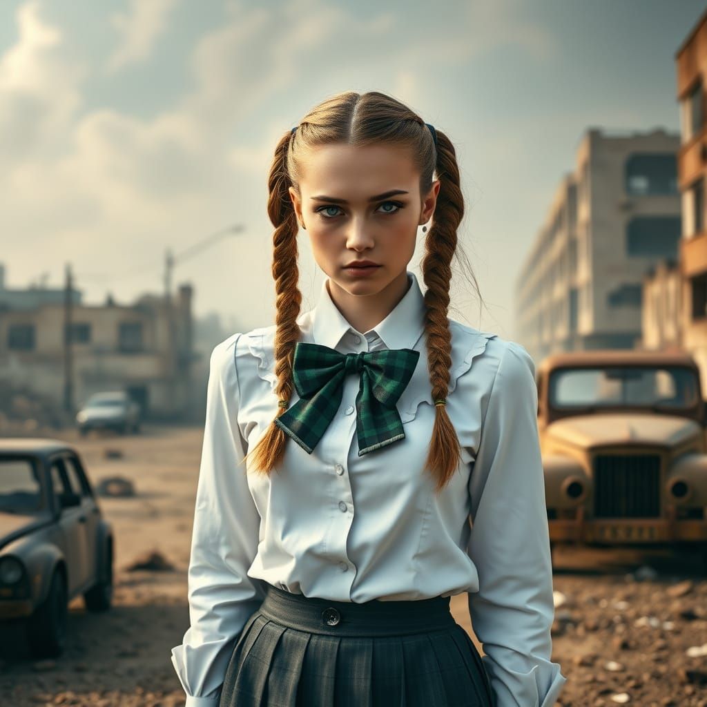 Futuristic Schoolgirl in a Desolate Post-Apocalyptic Wastela...