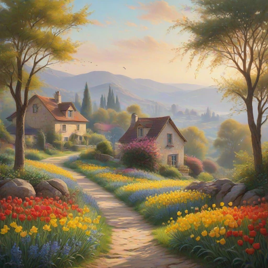 Impressionist Garden Scene with Charming Cottages