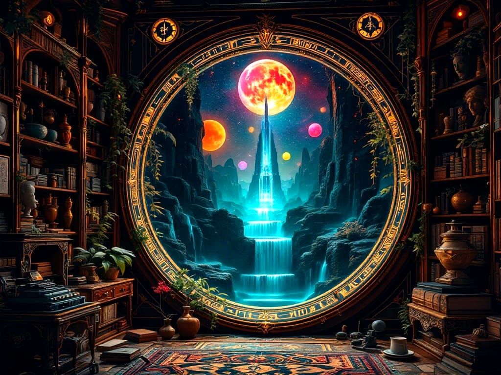 Elegant Window to Barsoom's Black Sand Waterfalls in Opulent...