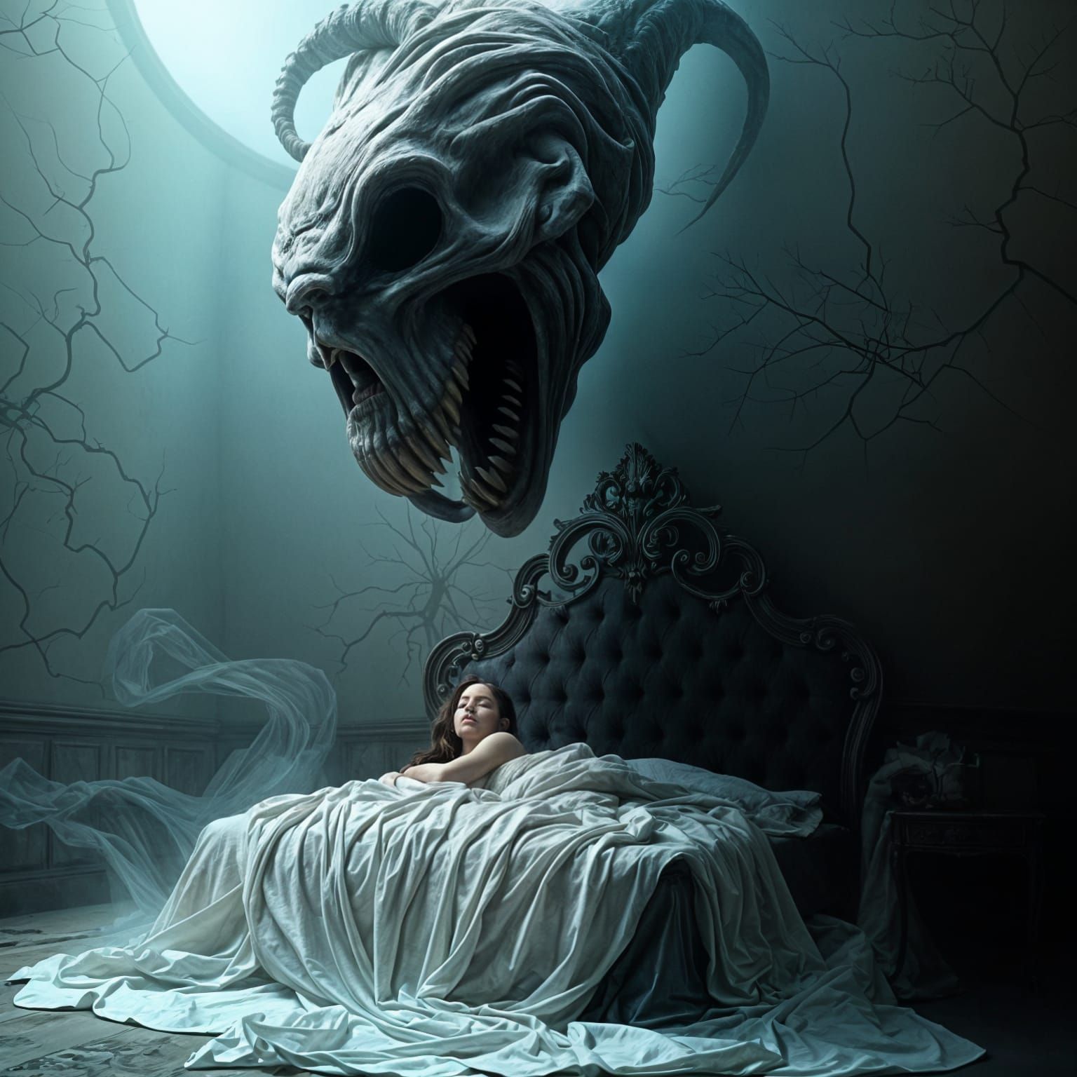 Peaceful Nightmare Scene in Eerie, Dark Fantasy Art Style