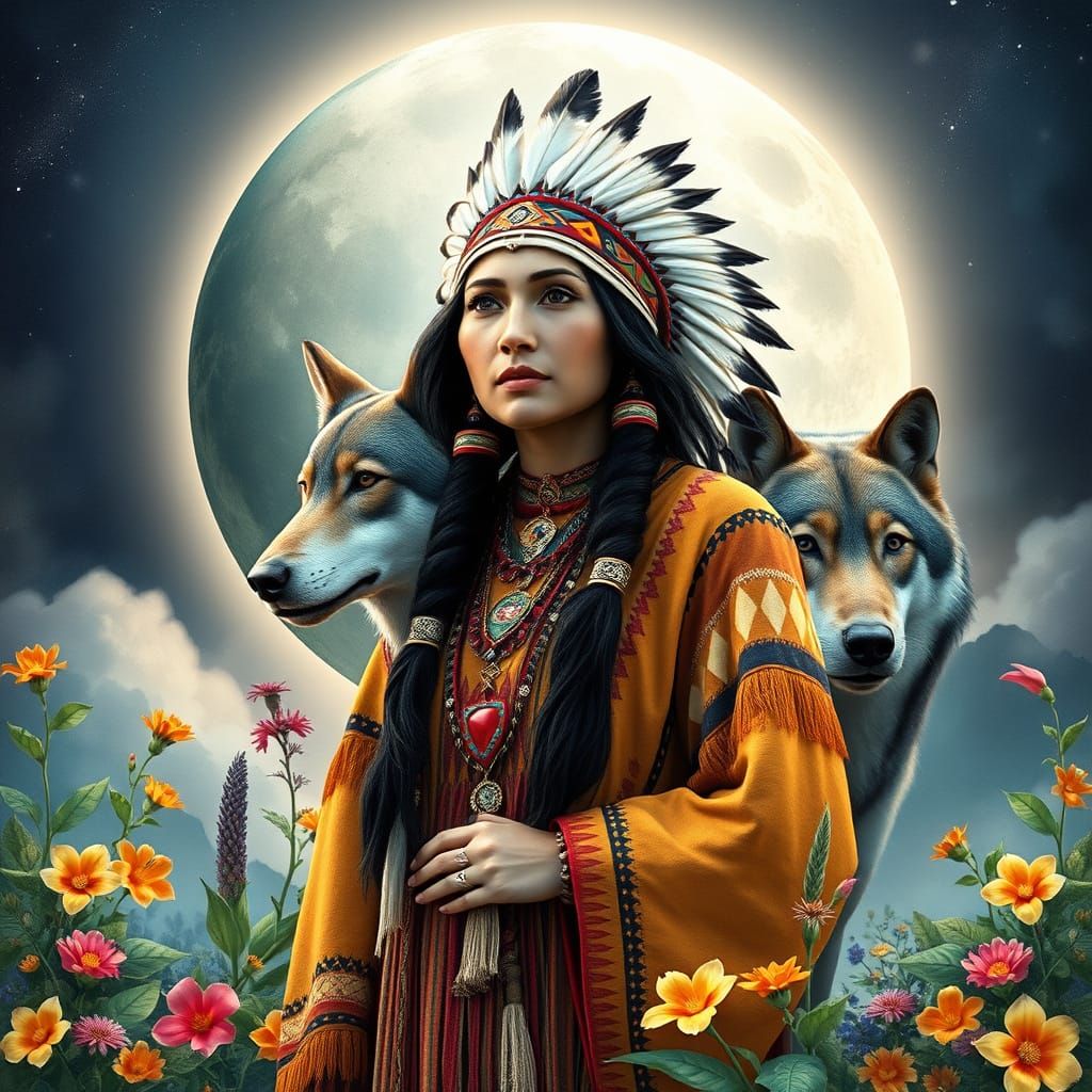 Native American Woman with Wolf in Watercolor Style