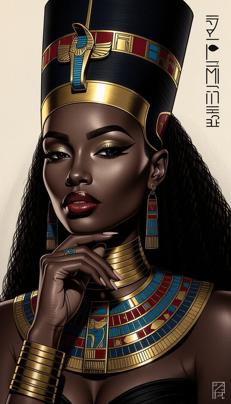 Afro-Futuristic Egyptian Woman in Charcoal Drawing