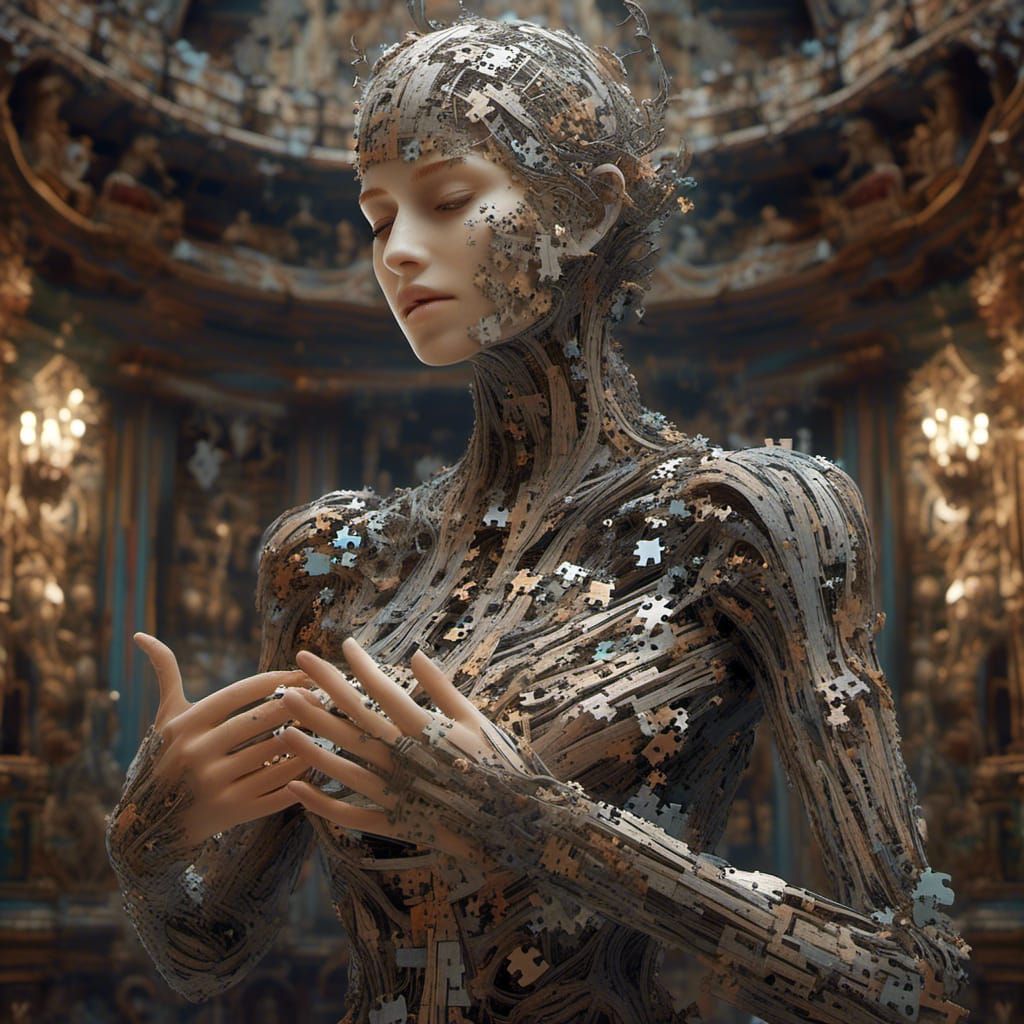 <lora:Jigsaw:1.0> A giant humanoid holding puzzle pieces in her palms, missing pieces, jigsaw puzzle block Sculpture, ::...
