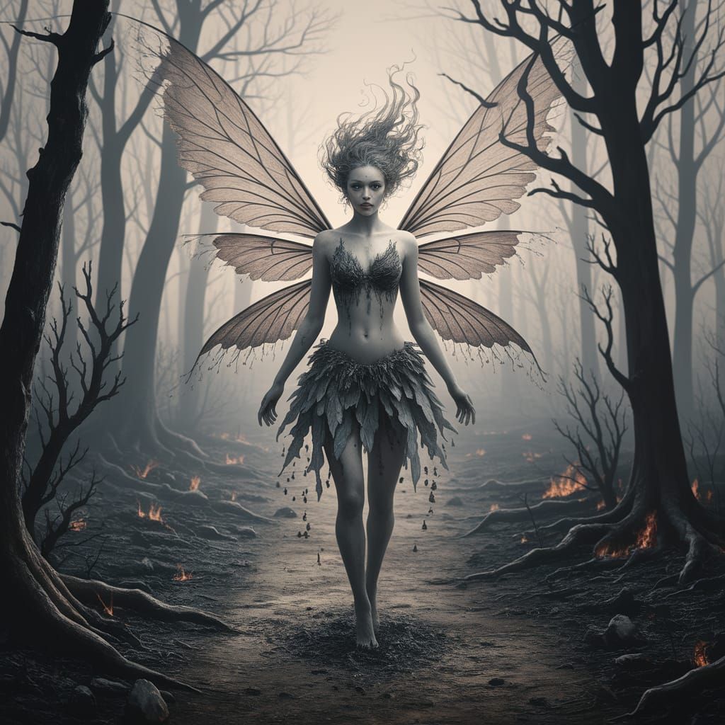 Ashen Fairy in Charred Forest: Dark Fantasy Art