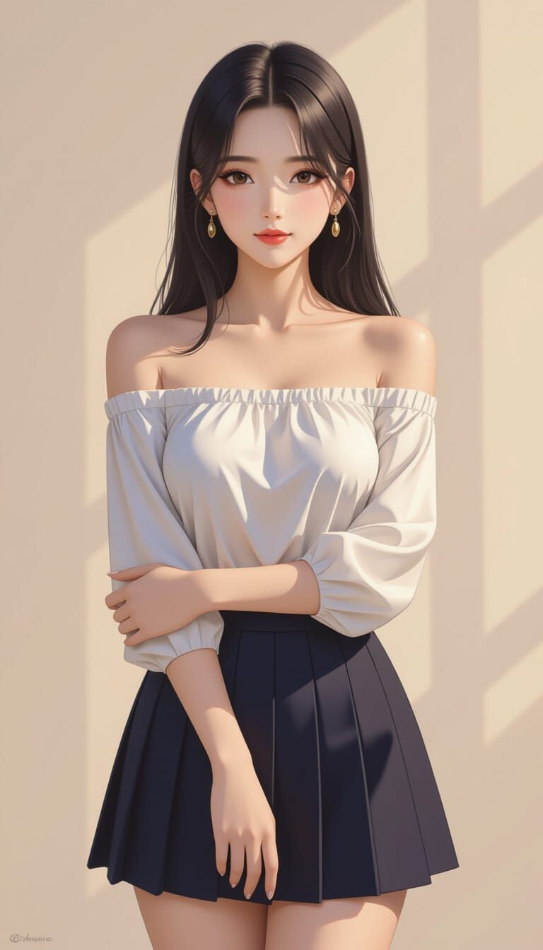 Anime-Inspired Korean Woman in Off-Shoulder Blouse