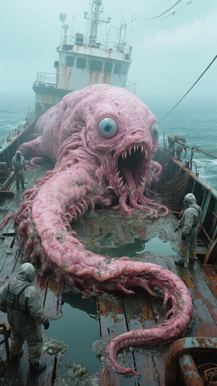 Hyperrealistic Sci-Fi Sea Creature on Fishing Trawler
