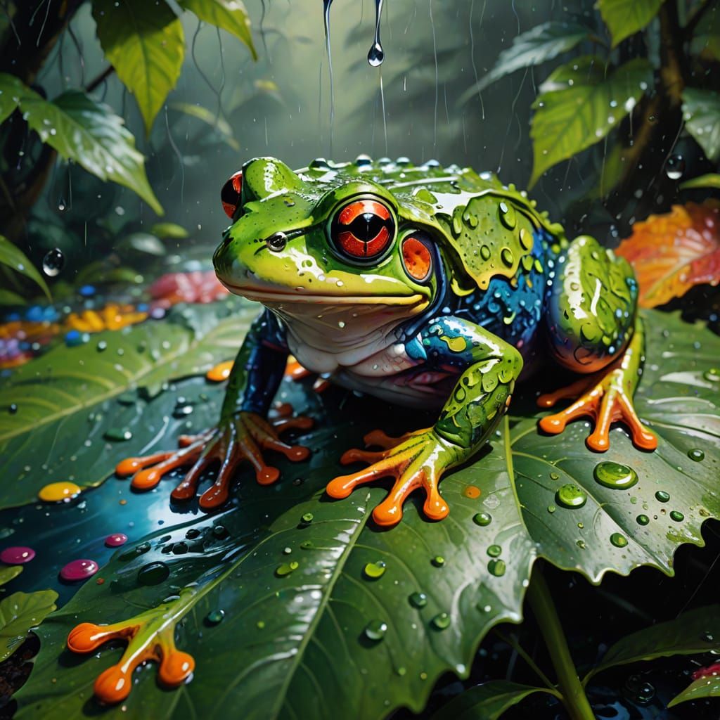 Surreal Frog on Dark Green Leaf in Hyper-Realistic Acrylic P...