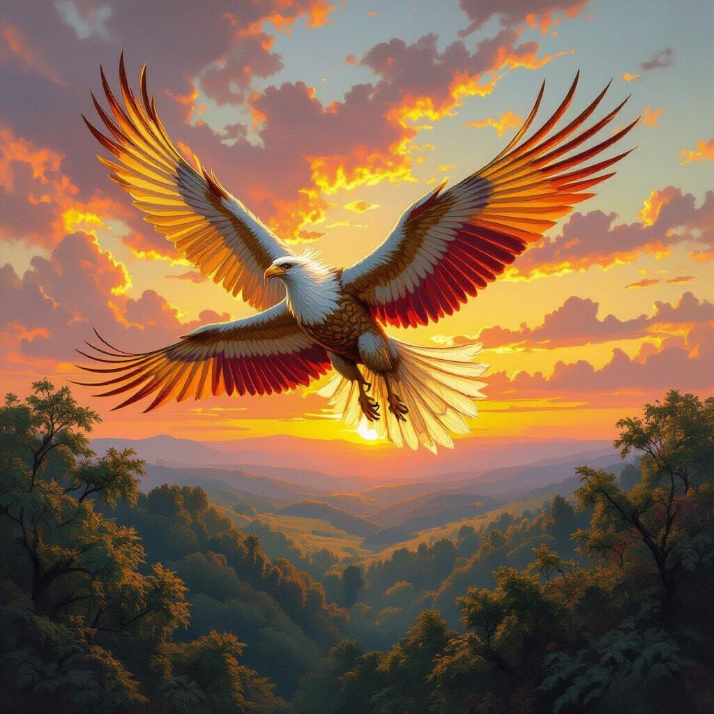 Griffin Soaring at Sunset in Classic Oil Painting Style