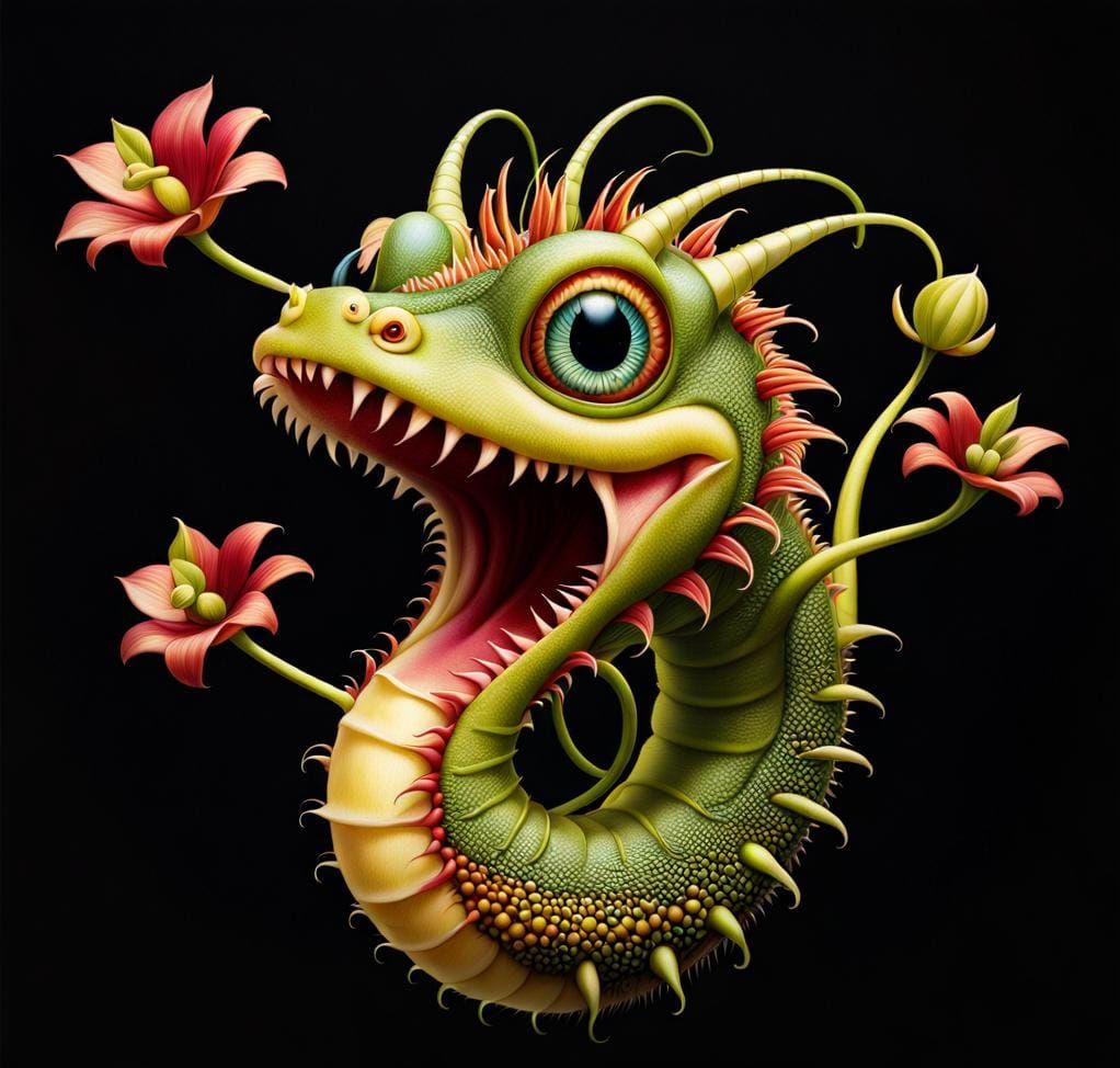Surreal Dragon Caterpillar in Colorful Carnivorous Garden