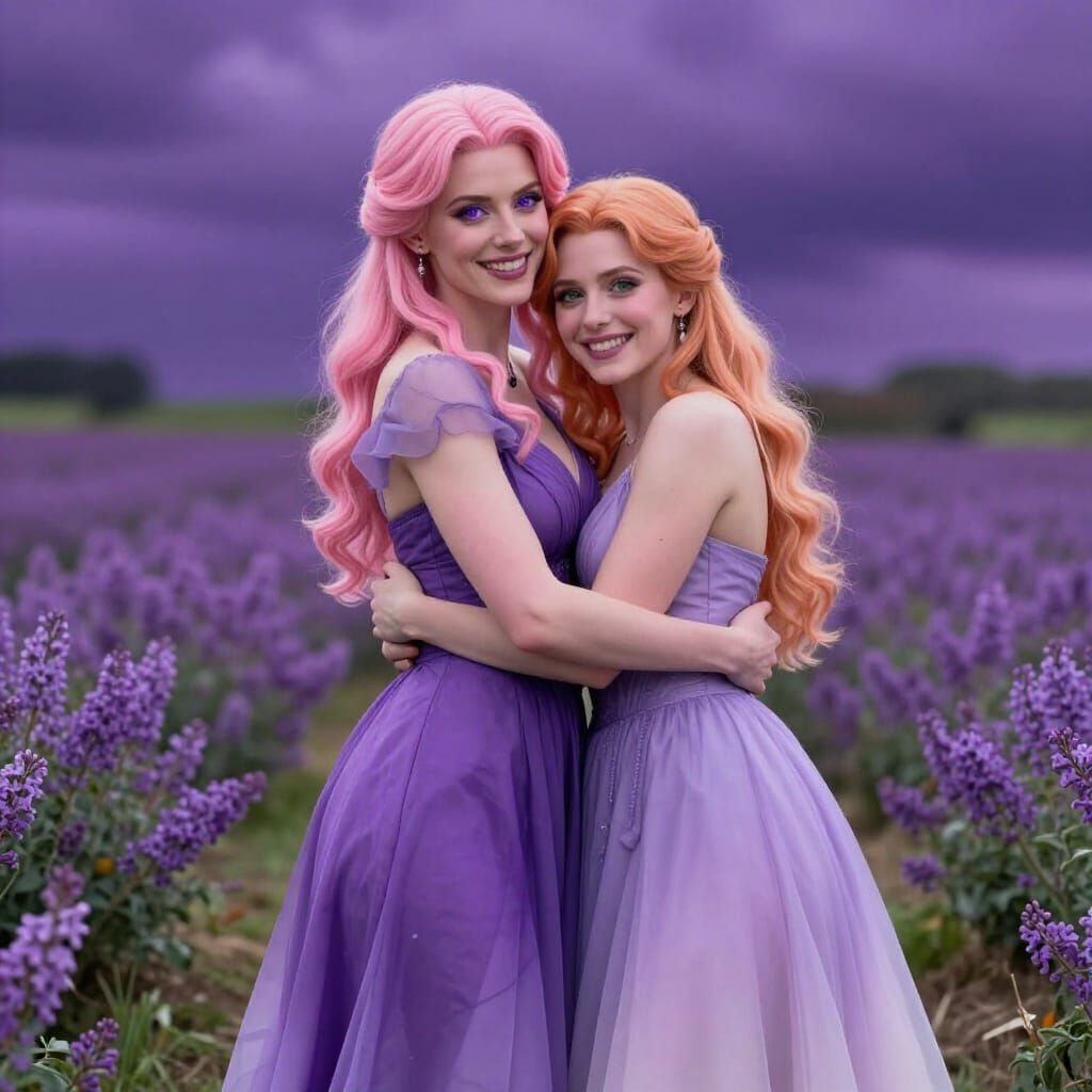 Two Women in Ombre Gowns in Lilac Garden