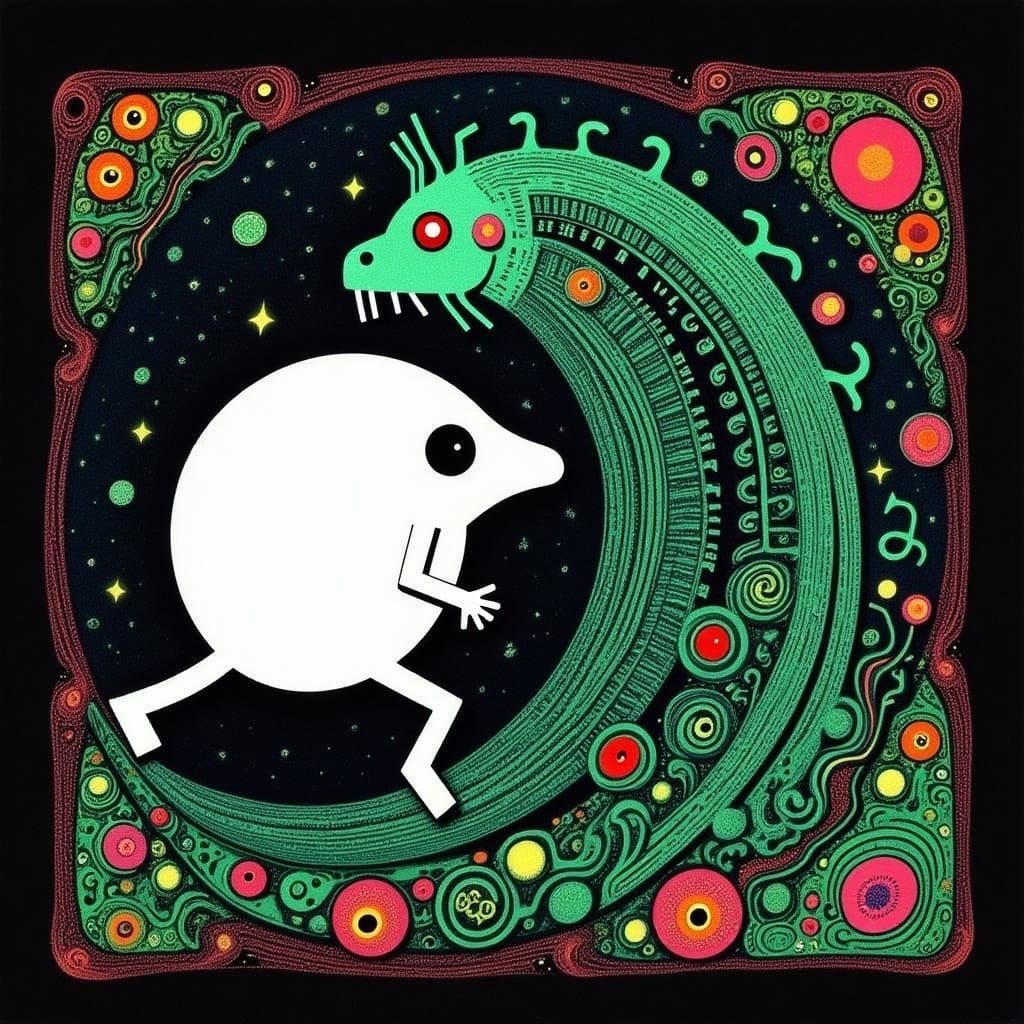 Cartoon Character Flees Floral Monster in Dystopian Setting