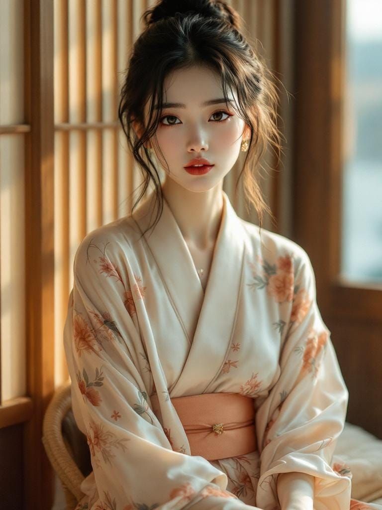East Asian Woman in Kimono, Serene Japanese Portrait