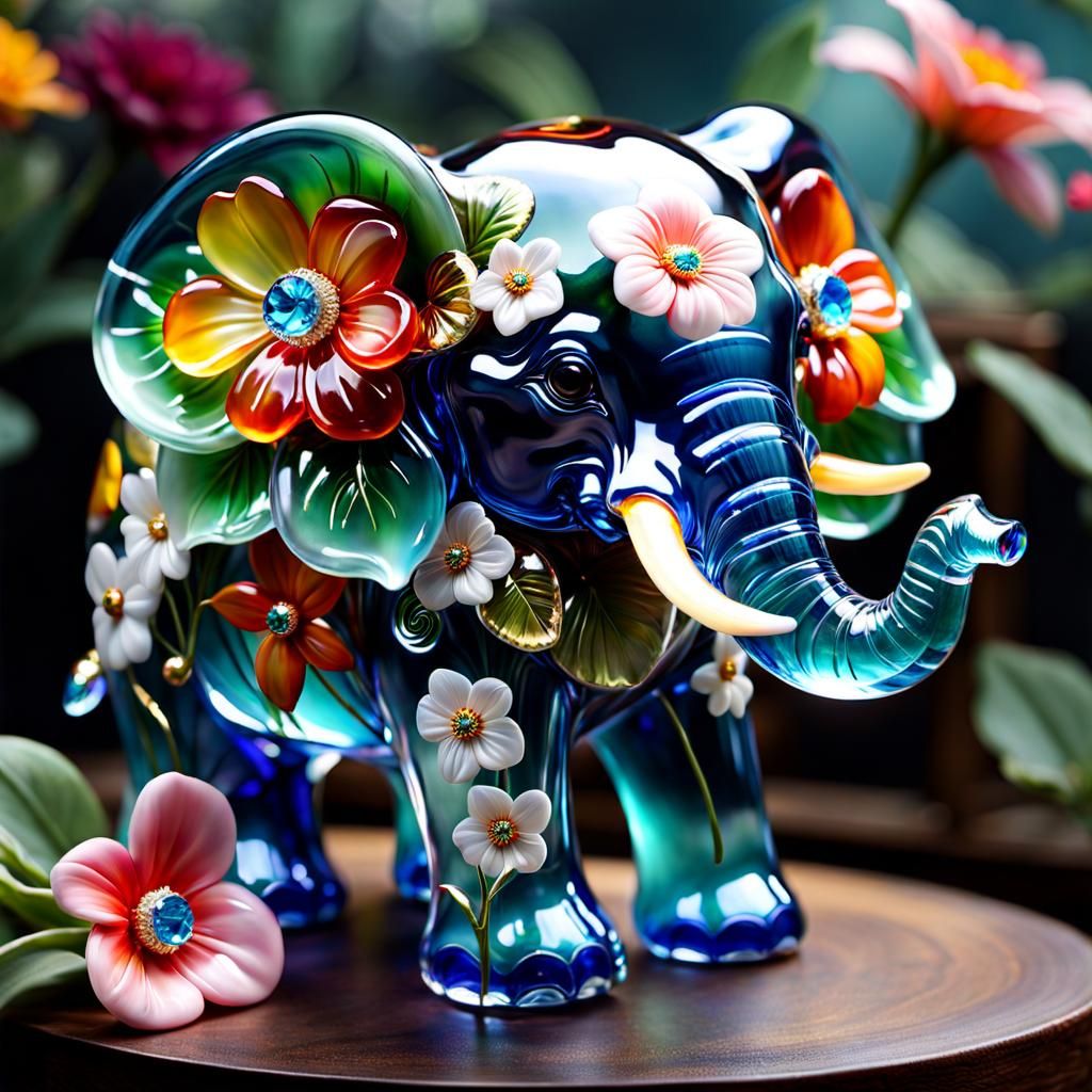 Glass Flower Elephant Figurine in Anime Style