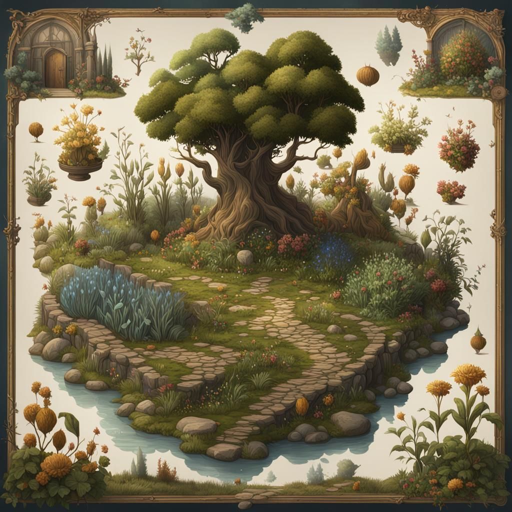 Detailed Medieval Botanical Illustration in Deep Color