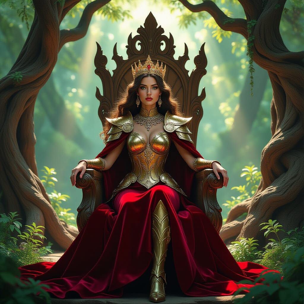 Majestic Queen in Golden Armor on Oak Throne