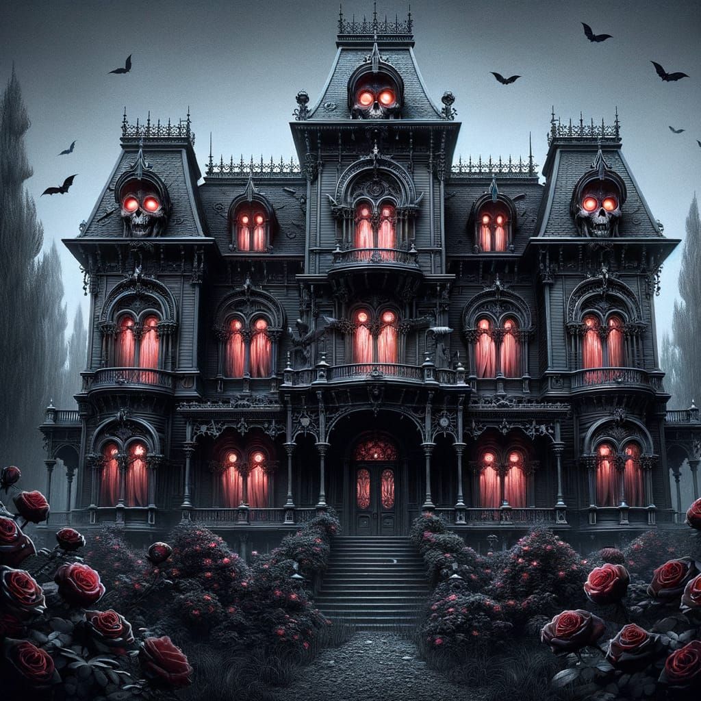 Ominous Victorian Gothic Mansion with Blood-Red Eyes