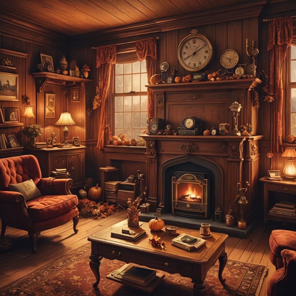 Vintage Autumn Living Room with Cozy Fireplace