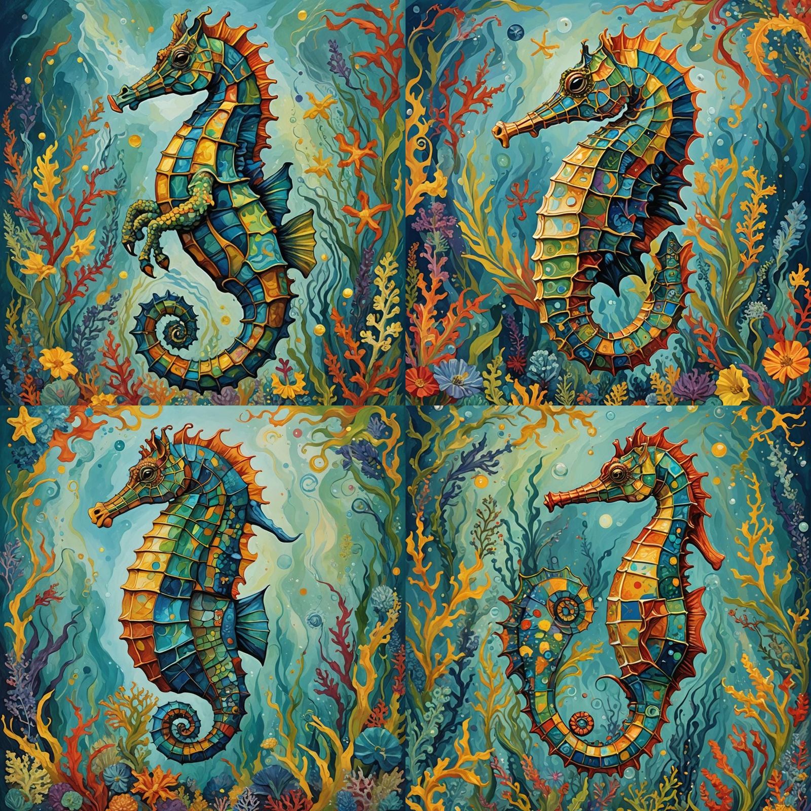 Stylized Seahorse in Van Gogh Style Undersea Scene
