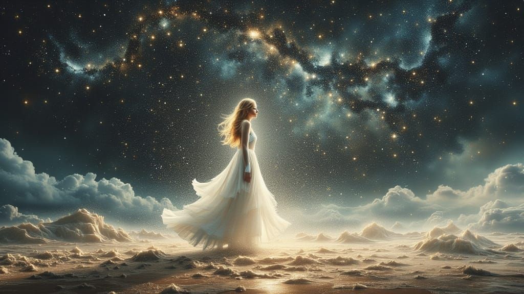 Celestial Dreamscape: Blonde Woman in Oil Painting Style