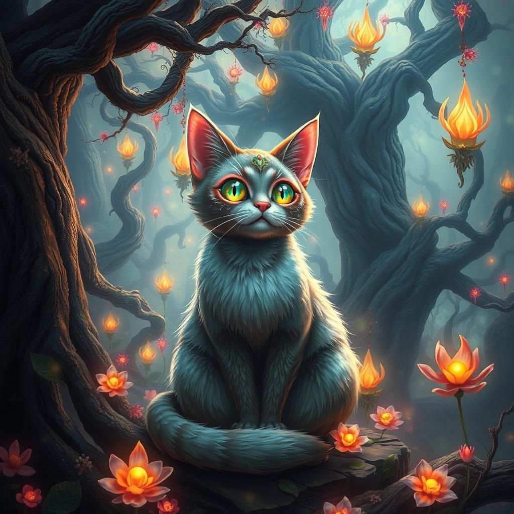 Whimsical Cat in Ancient Fantasy Realm