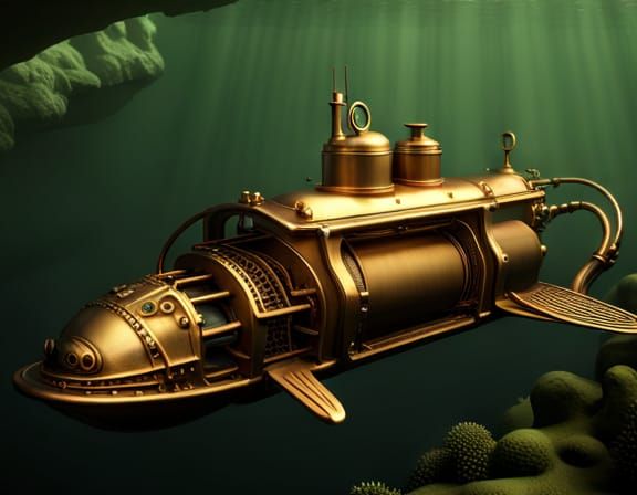 Steampunk Submarine in Ocean Ravine