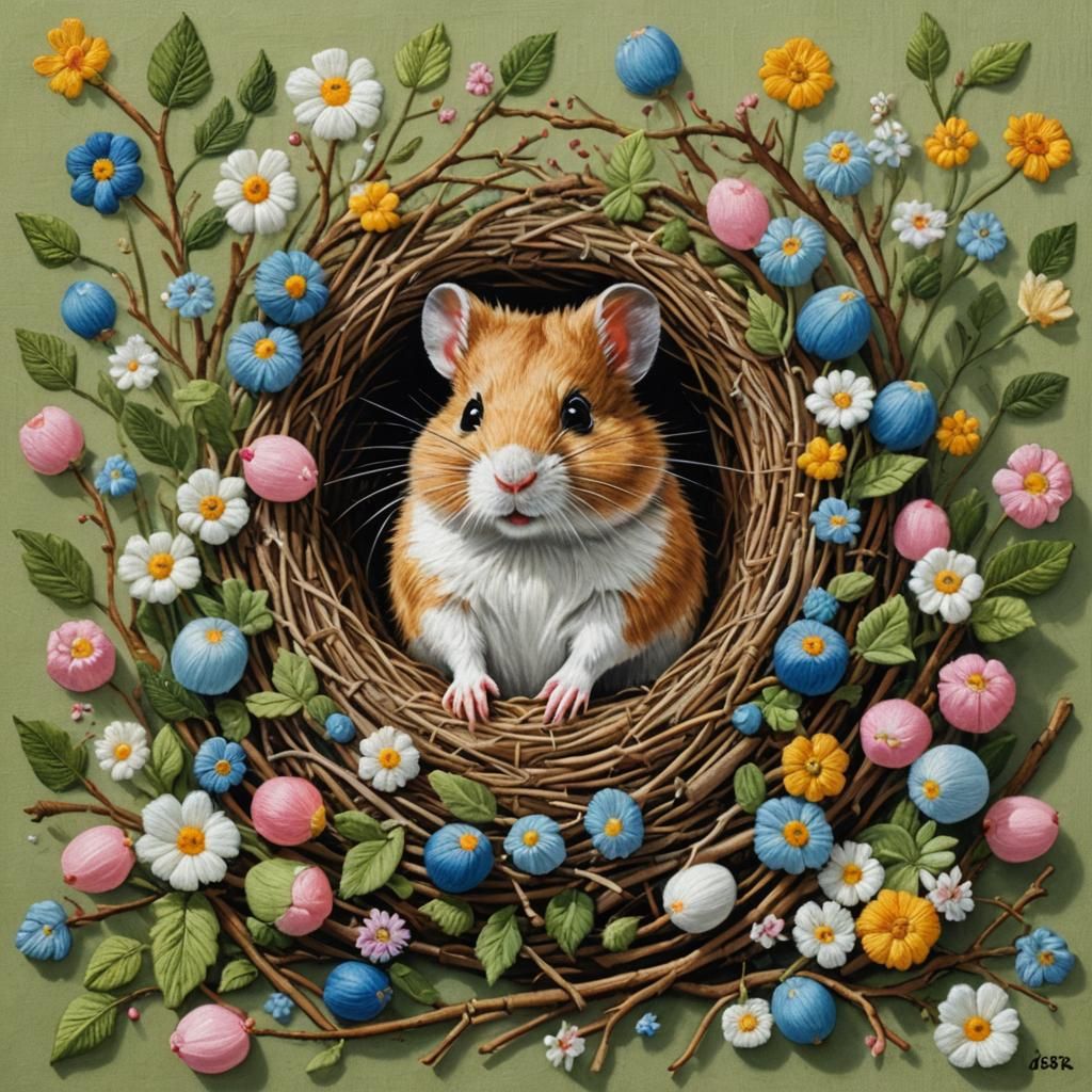 Folk Art Hamster with Easter Eggs in Bird Nest