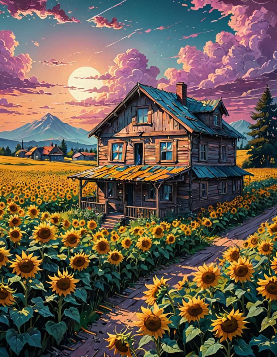 Vaporwave House in Sunflower Field Digital Painting