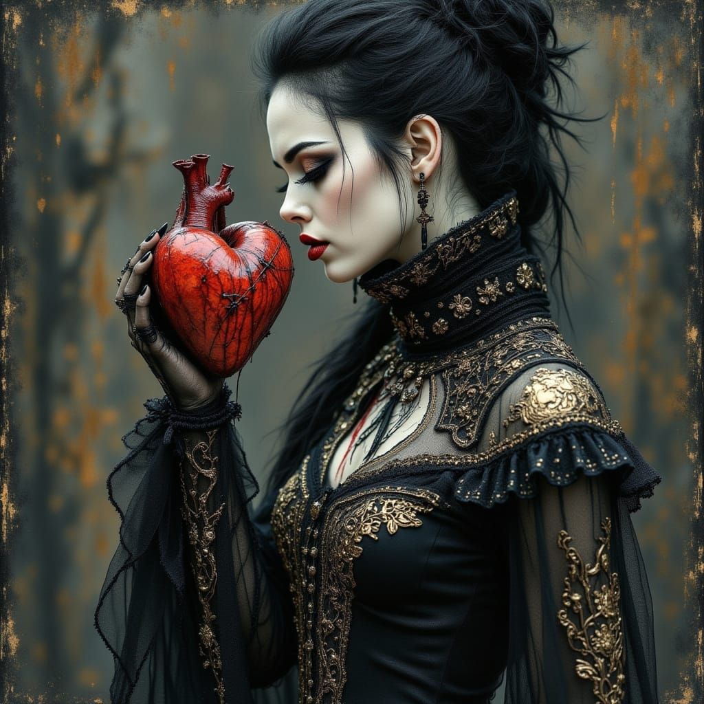 Gothic Victorian Woman Eats Heart in Dark Romanticism Style