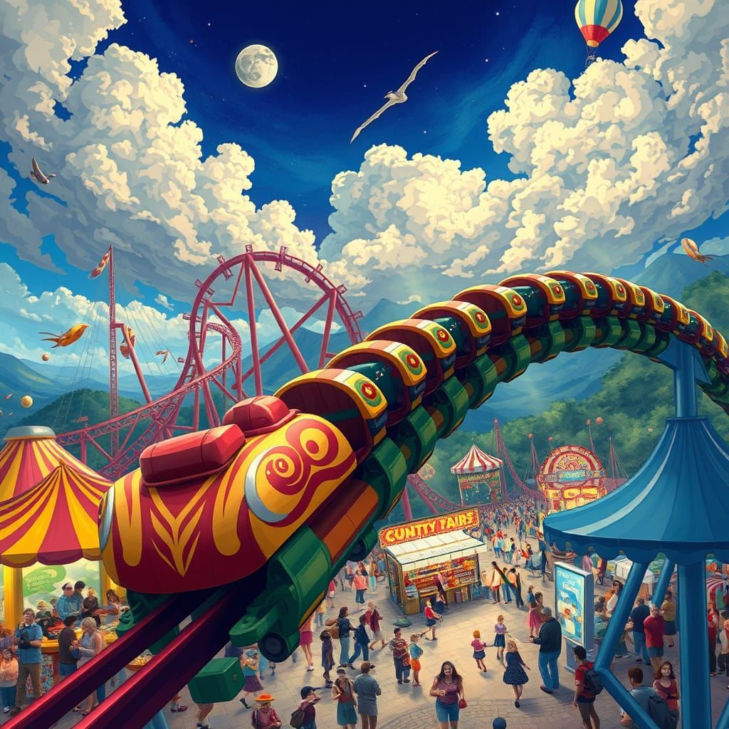 County Fair Rollercoaster in Mystical Landscape Style
