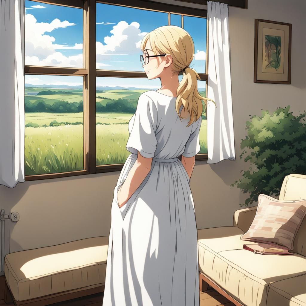 Woman in White Dress Gazing at Sunny Field