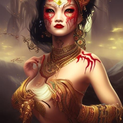 Beautiful Asian Woman with Tribal Makeup in Fantasy Art
