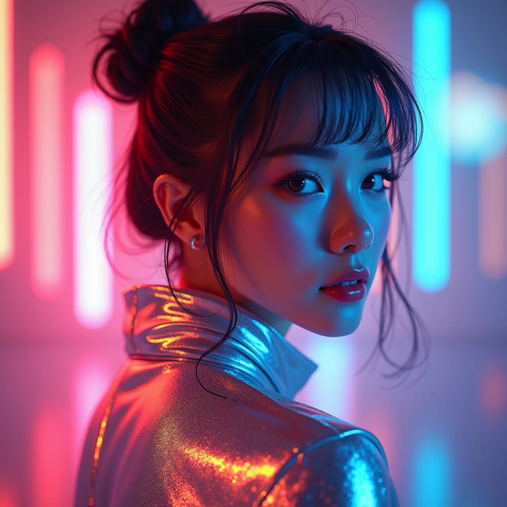 Woman in Silver Outfit with Neon Backlighting