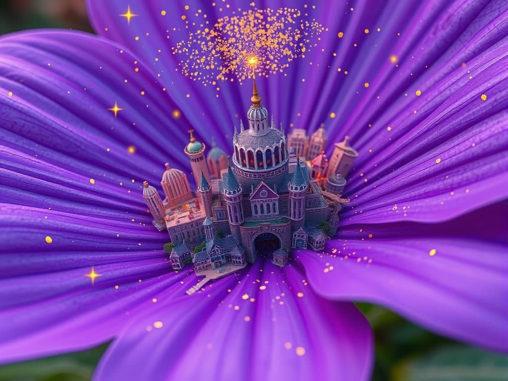 Whimsical Purple Cityscape Amidst a Giant Flower