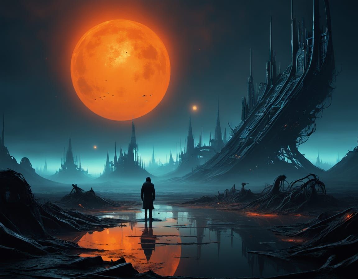 Dystopian Surrealism: Haunting Figure in Alien Landscape