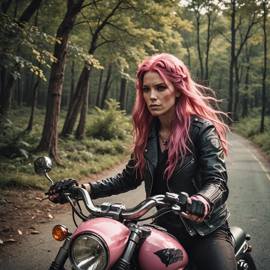 Biker Girl with Pink Hair: Cinematic Film Still