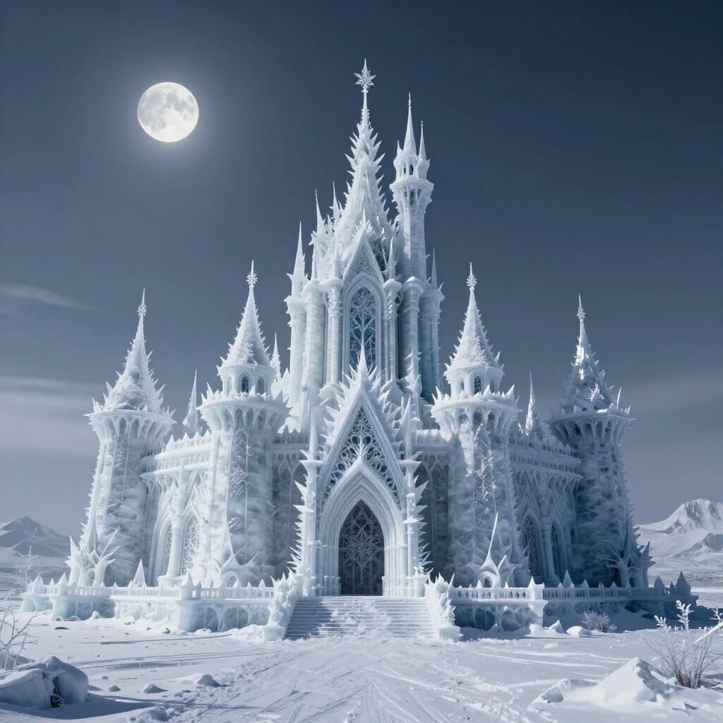 Majestic Frozen Castle in Ethereal Moonlight