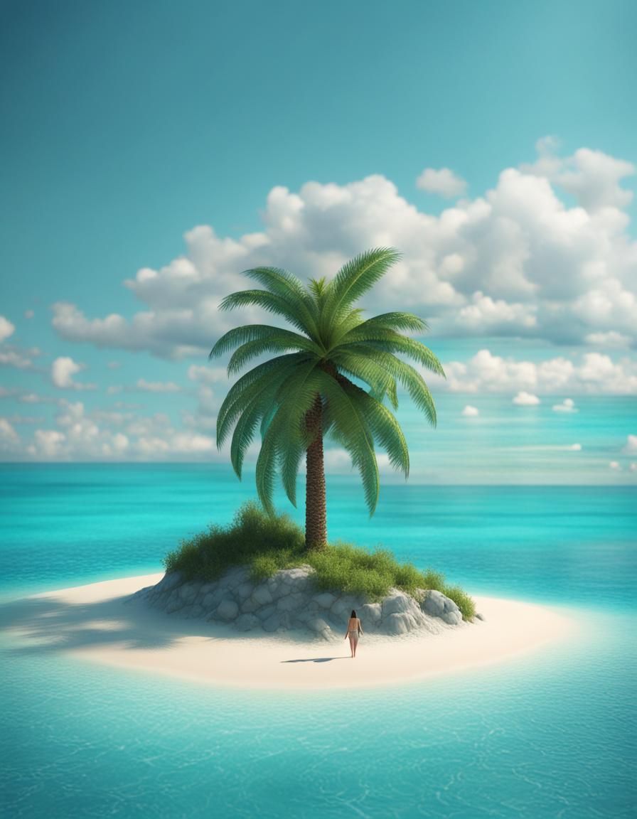 Secluded Island Oasis with Woman in Turquoise Sea