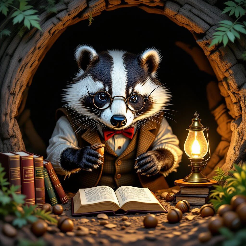 Scholarly Badger Arranges Tiny Books in Cozy Burrow Library