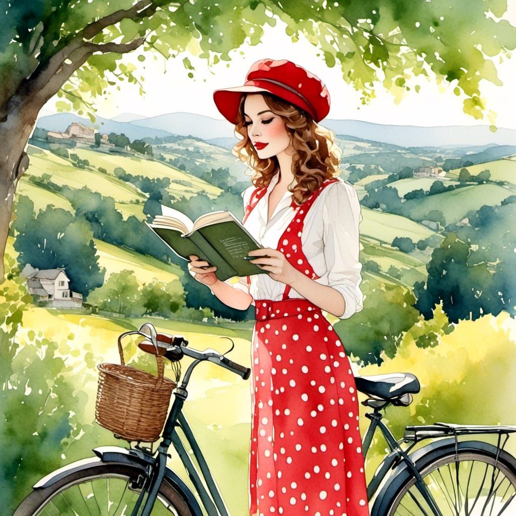 Watercolor Woman Reading Book in Countryside Landscape