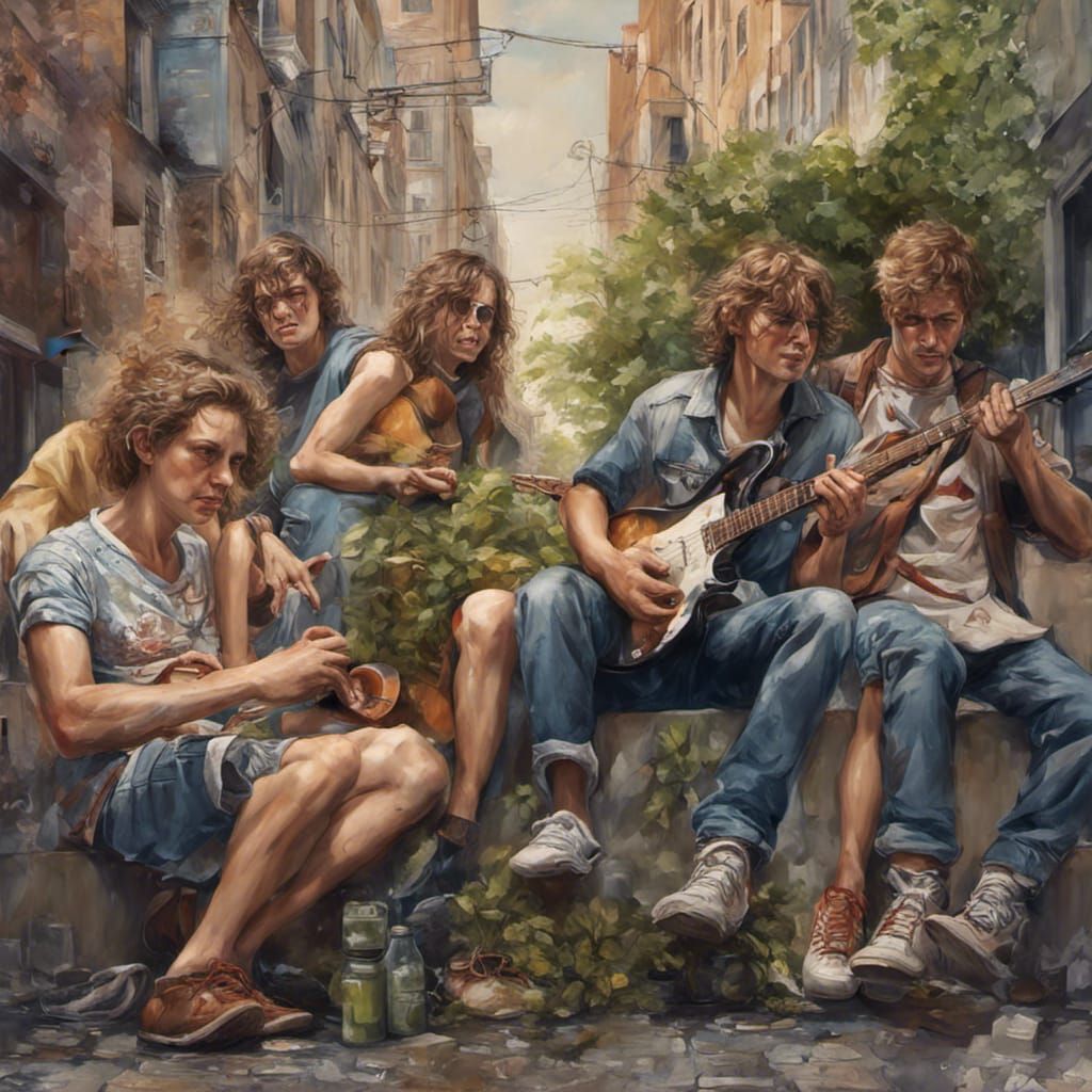 Hyperrealistic Street Scene with Three Young People