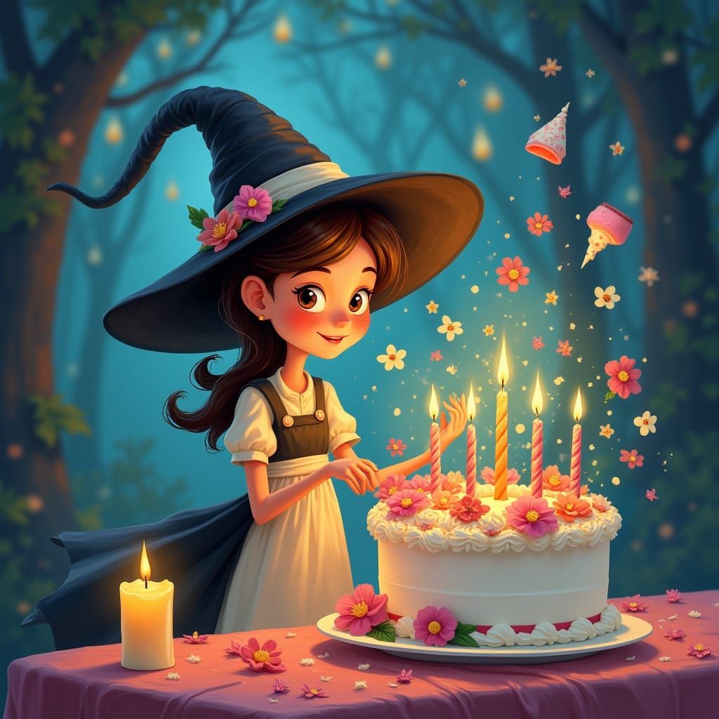 Witch Conjures Magical Birthday Cake with Floating Flowers