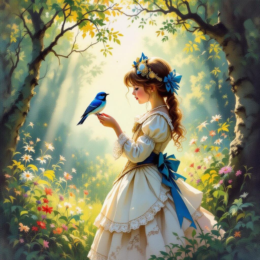 Girl with Bluebird in Enchanted Forest, Steampunk Style