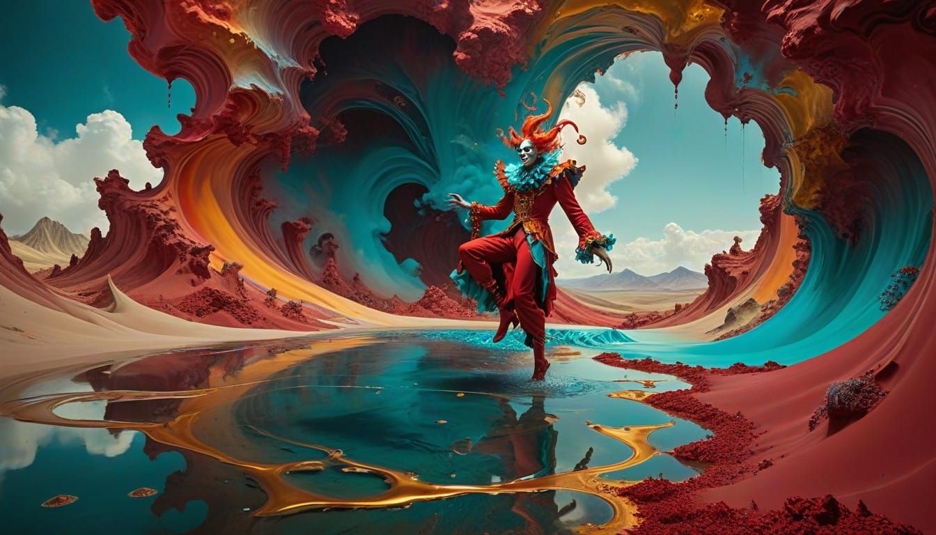 Vibrant Fantasy Jester Steps into Surrealist Dreamscape
