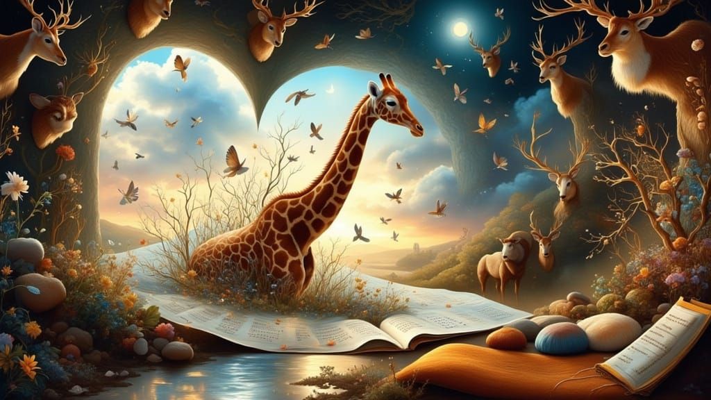 Surreal Hunting Room with Giraffe Emerging from Calendar