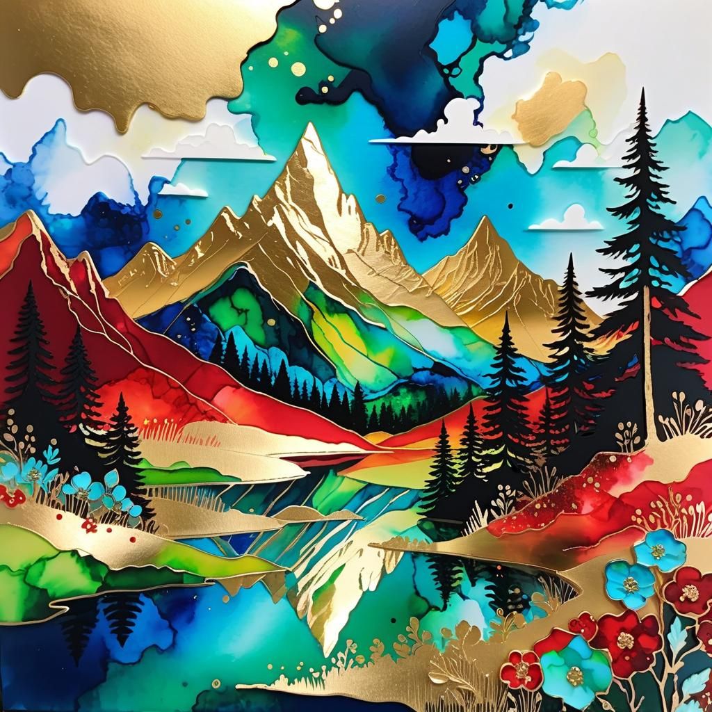 Fantasy Mountains in Alcohol Ink Illustration