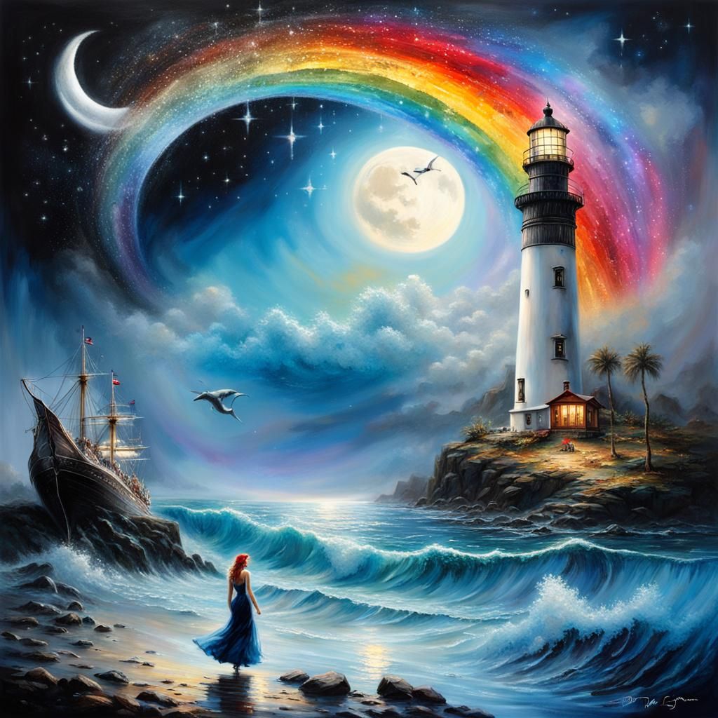 Nostalgic Landscape with Rainbow and Crescent Moon