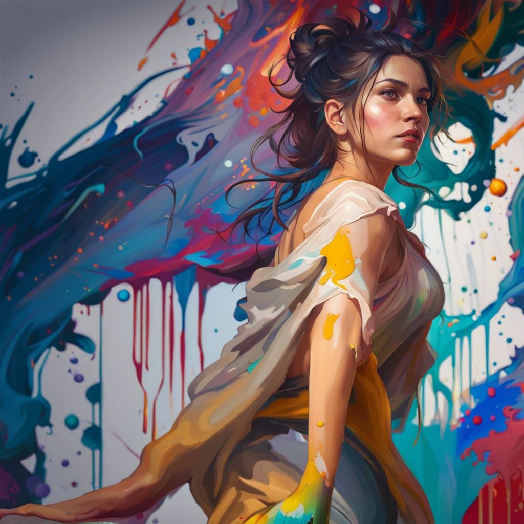 Passionate Artist Painting a Giant Canvas