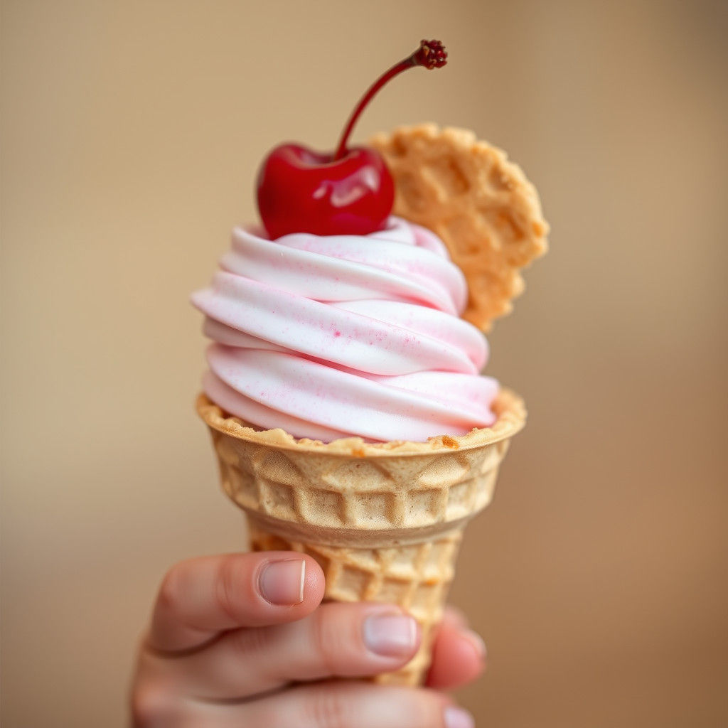 Delicate Waffle Cone with Pastel Pink Ice Cream and a Bright...